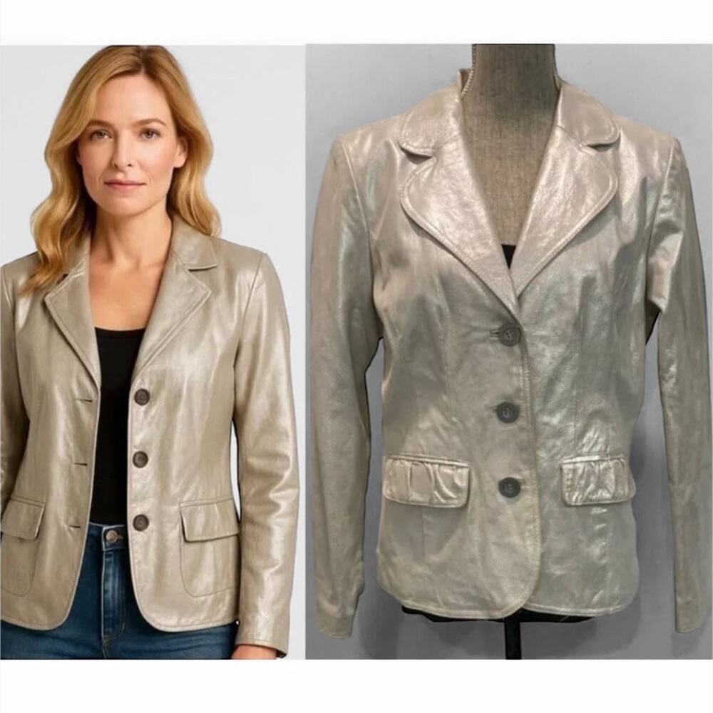 Metallic Silver Leather Jacket Blazer by Melanie Lyne Size Medium